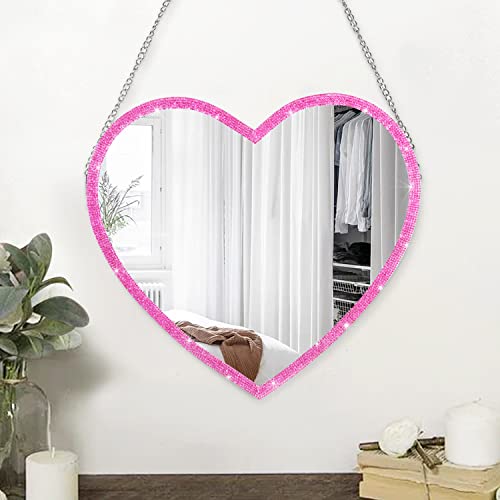 JJUUYOU Espejo de baño con forma de corazón, marco de madera de diamante rosa, espejo de pared pequeño de vidrio HD para maquillaje, vestidor, dormitorio, sala de estar
