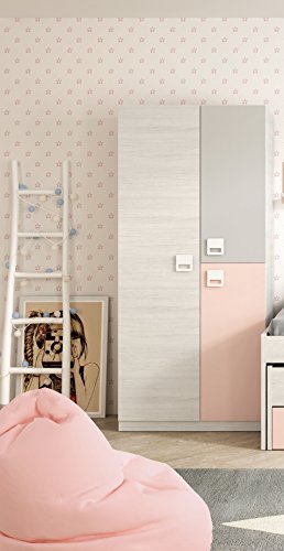 Armario ropero juvenil infantil 3 puertas, barra interior y 3 estantes color blanco, gris y rosa pastel de dormitorio (medida: 90cm ancho x 200cm altura x 52cm fondo)