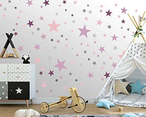 Adhesivo de pared de 50 estrellas para la habitación de los niños - colores pastel, cielo estrellado de bebé para pegar en la decoración de la pared de adhesivo de pared, Gris - rosa - púrpura