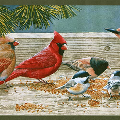 CONCORD WALLCOVERINGS - Borde de papel tapiz con diseño de animales y semillas de pájaro abetos para cabaña, sala de estar, habitación infantil, marrón, verde, rojo, azul, 15 pies por 7 pulgadas,