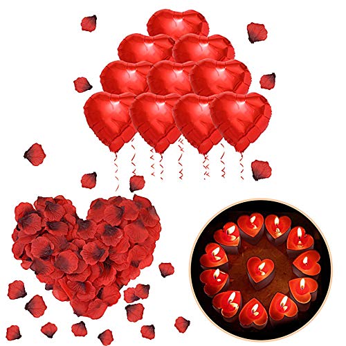 ASANMU Kit Romántico de Velas y Pétalos, 1000 Piezas Pétalos de Rosa + 50 Rojo Velas en Forma de Corazón + 10 Foil Globos Corazón Rojo Decoración para San Valentín, Aniversario, Compromiso, Propuesta