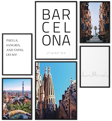 Papierschmiede® Mood Poster Set Barcelona, Cuadros como decoración de paredes, Living y dormitorio, 2x A4 y 4x A5, España Cataluña Ciudad - sin marco