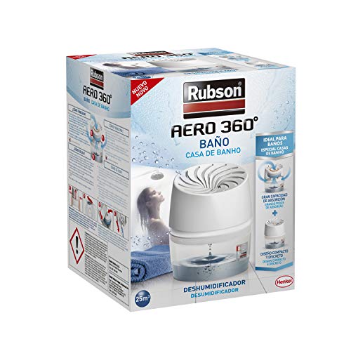 Rubson AERO 360º Baño, deshumidificador portátil sin cable para baño, absorbe humedad para la circulación del aire, disipador de condensación antihumedad, dispositivo y tableta (450 g)