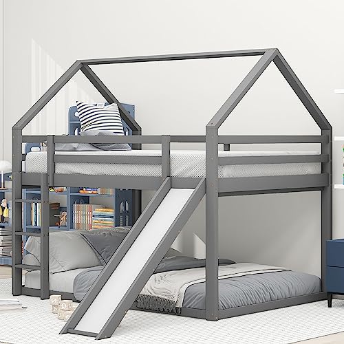 Moimhear Cama doble para niños de 140 x 200 cm, litera con tobogán y escalera, para habitación infantil, cama alta y doble (gris) (WX000401)