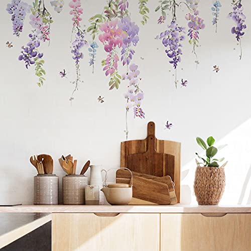 Runtoo Calcomanías de pared de flores moradas colgantes de vides florales para niñas, dormitorio, guardería, sala de estar, decoración de pared